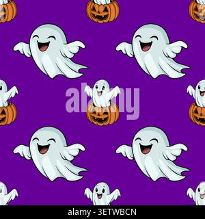 Cute Halloween vector pattern with smiling ghosts and jack-o'-lanterns on a purple background Stock Vector