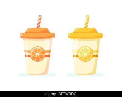 Orange and lemon soda cups with straws fast food vector. Takeaway drink cups for restaurant menu Stock Vector