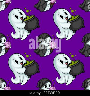 Cute Halloween ghost pattern vector, playful ghosts with cauldrons and crystal balls on purple background Stock Vector