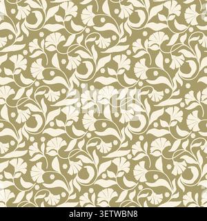 Floral ornament made of leaves, flowers and twigs. Watercolor illustration. Floral olive and beige seamless pattern. for the decoration of wallpaper, Stock Photo