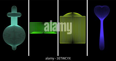 Abstract geometric line art shapes set, futuristic wireframe 3d objects collection Stock Vector