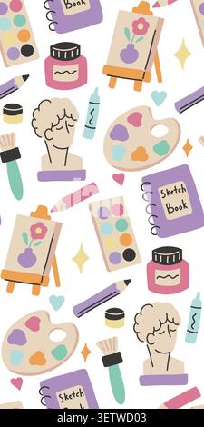 Vector seamless pattern with art supplies in a modern naive style. Texture with hand drawn paints, sculptures, palettes, brushes, easels, and sketchbo Stock Vector