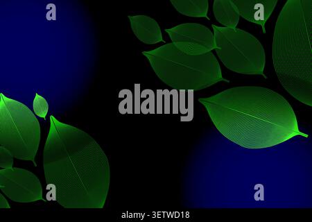 Abstract green line art leaves pattern on a dark blue gradient background Stock Vector