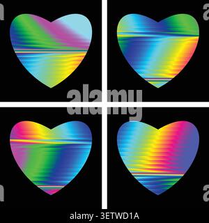 Colorful glitch art hearts set, pop art style rainbow love symbols on black Stock Vector