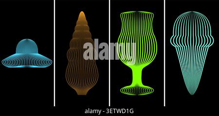 Set of abstract line art illustrations ice cream, glass, hat, and organic shape Stock Vector