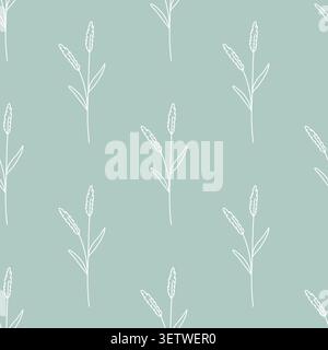 Delicate neutral herbal seamless pattern. Light green background with white silhouettes of wildflowers. Rustic botanical print for textiles, packaging Stock Vector