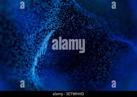 Abstract background of glowing dark blue digital particles forming waves and clusters, ideal for high-tech business, cyber security, network data, and Stock Photo