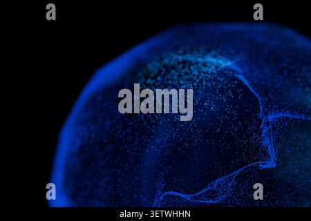 Abstract 3D rendering of a spherical cell or particle made from glowing blue digital dots and data filaments, isolated on a black background, represen Stock Photo
