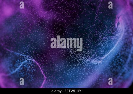 Abstract background of glowing purple and blue digital particles forming waves and clouds, ideal for high-tech concepts, artificial intelligence, big Stock Photo
