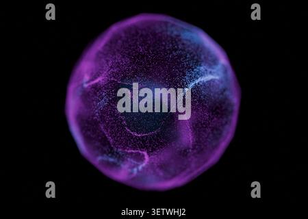 Abstract 3D illustration of a glowing purple and blue particle sphere isolated on a black background, representing a cell, virus, digital data planet, Stock Photo