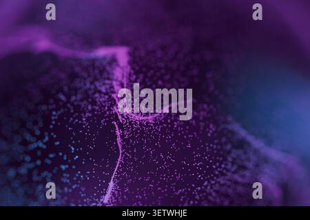 Abstract 3D rendering of glowing purple and blue micro particles with shallow depth of field, creating a fluid wave texture perfect for technology, sc Stock Photo