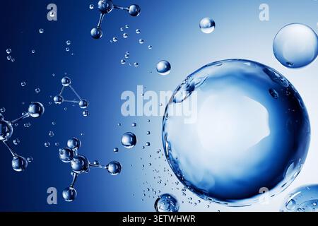 blue water molecules, droplets, and a large clear bubble against a gradient background, representing science, biotechnology, chemistry, and hydration. Stock Photo