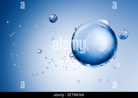 Abstract macro shot of clean water bubbles floating on a gradient blue background. Ideal for beauty, skincare, hydration, and medical concepts emphasi Stock Photo