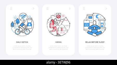 Daily Detox, Hiking, and Relax Icons - Line Design Banners Set Stock Vector