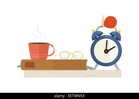 Slow living with coffee cup, book, eyeglasses, clock and snail. Mindfulness, time management and routine. Morning relaxation, work life balance.Vector Stock Vector