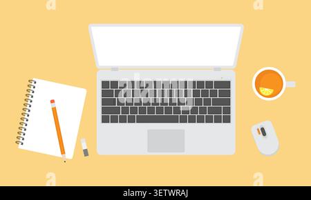 Top-Down View of Minimalist Workspace with White Laptop Stock Vector