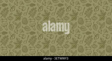 Garden and harvest seamless pattern with mushroom and leaf in line art style. Farming and healthy food concept illustration for greeting card. Stock Vector