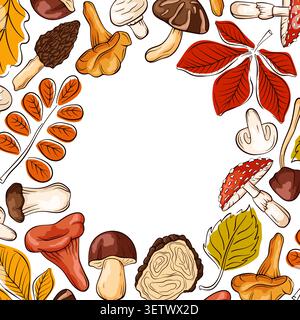Frame with hand drawn autumn forest elements. Mushroom, leaf, boletus, fly agaric, chestnut border with copy space. Illustration for greeting card Stock Vector