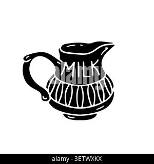 Hand drawn hygge doodle ceramic milk jug icon silhouette vector illustration. Cozy kitchen utensils clipart Stock Vector