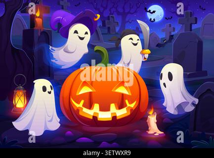 Cartoon scary Halloween white ghosts in witch hat Stock Vector