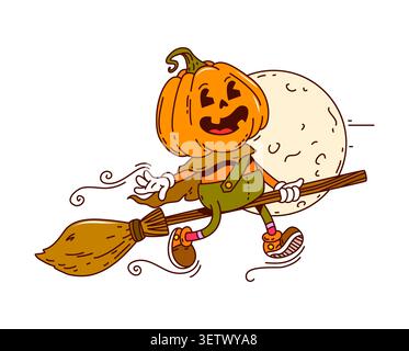 Groovy Halloween funny character with pumpkin head Stock Vector