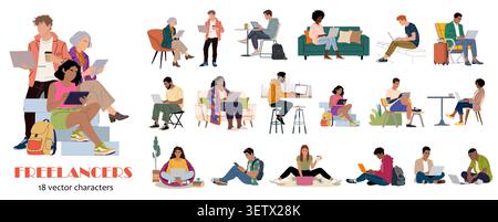 People relax, work, or collaborate using laptops Stock Vector