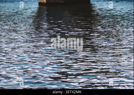 Close-up of water ripples on the Seine River, capturing light reflections near a bridge pier. Stock Photo
