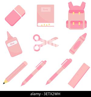 A collection of pink stationery items including a backpack, notebook, scissors, pencil, pen, crayon, glue, eraser, and ruler. Perfect for cute back-to Stock Vector