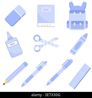 A beautiful collection of periwinkle lavender blue stationery icons. Features a minimal school bag, notebook, crafting tools, and writing materials fo Stock Vector