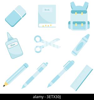 Soft cyan light blue student accessories and school supplies vector icons. Excellent for kindergarten classroom decoration assets, child educational m Stock Vector