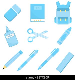 Bright sky blue flat icon pack of school items and writing tools. Perfect for preschool educational flashcards, student study planners, and children h Stock Vector