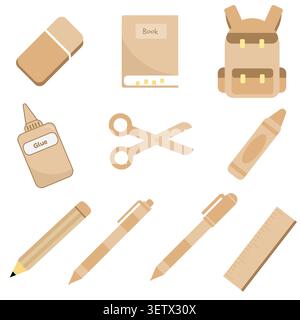 Classic warm beige brown school stationery and student gear vector artwork. Ideal for cozy academic layout designs, professional desk inventories, and Stock Vector