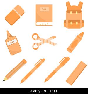 Warm apricot orange stationary accessories flat vector set. Great for creative craft store branding, student homework assignment icons, and colorful a Stock Vector