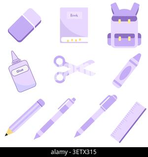 Soft lavender purple office and school stationery vector set. Includes cute backpack, diary, paper cutter shears, and writing instruments perfect for Stock Vector