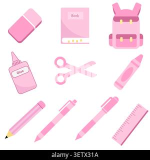 Vibrant rose pink student stationery pack vector asset. Eye-catching flat design icons for girls study notebook decorations, creative DIY projects, an Stock Vector