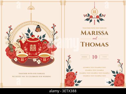 Luxury Chinese wedding invitation card vector template with tea ceremony design Stock Vector
