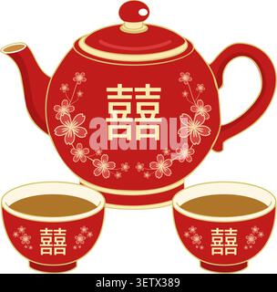 Red Chinese wedding tea set vector with double happiness symbol and floral pattern, isolated. Stock Vector