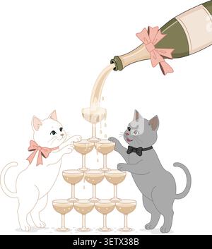 Cozy style vector illustration of a cute white cat and gray cat celebrating together with a luxury champagne tower pyramid at a party. Stock Vector