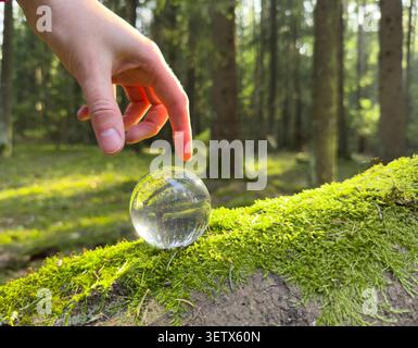 Hand places glass sphere on moss in forest environment. Human action interacts with nature creating ecological concept balance. Environment idea conse Stock Photo