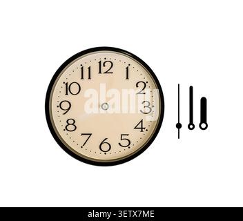 Wall clock face with black numbers is shown on a white background next to three separate black clock hands. Stock Photo