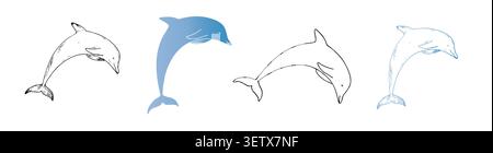 Vector Dolphins jumping set. Graphic ocean animal, hand drawn illustration isolated on background. For designers, postcards, greetings, birthday Stock Vector