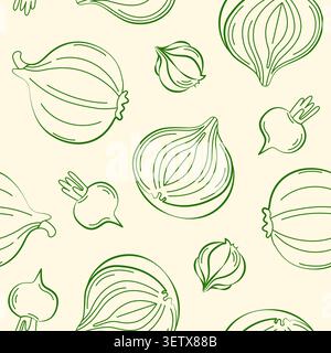 Hand-drawn summer vegetable seamless pattern with onion, radish, garlic for grocery, farmer market decor, seasonal packaging Stock Vector