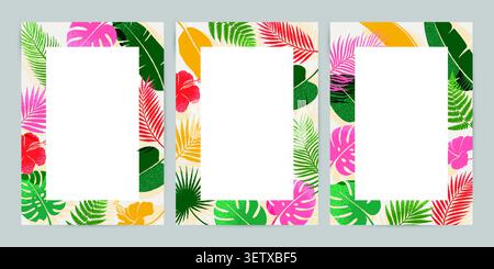 Tropical Leaves Page Border. Abstract summer background poster. Hand-Drawn Textured Style Vector Illustration. Stock Vector
