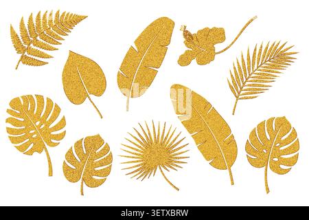 Gold Glittering Tropical Leaves Set. Isolated Vector illustration. Stock Vector