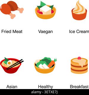 Colorful flat icon set depicting various food categories: fried meat, vegan salad, ice cream, Asian cuisine, healthy food, and breakfast items. Each i Stock Vector