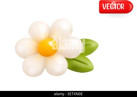 Cute 3d chamomile flower icon featuring white petals yellow center and green leaves Stock Vector