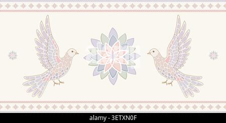 A pair of flying doves with geometric mandala flower designed as a seamless border pattern in minimal pastel art style vector illustration Stock Vector