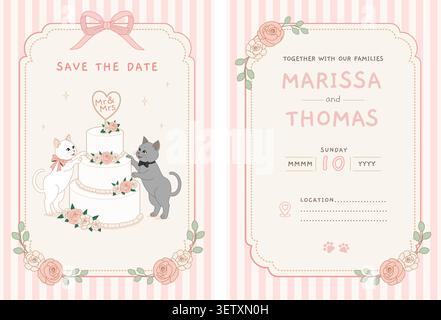 Cute pastel wedding invitation card template in cozy anime style featuring adorable white and grey cats with a marriage cake and pink floral elements Stock Vector