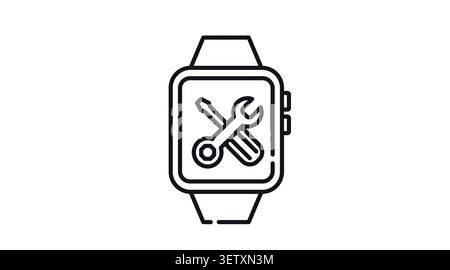 Smartwatch repair and maintenance icon: wearable smart watch displaying crossed screwdriver and wrench tool symbol on screen, minimalist black line ar Stock Vector