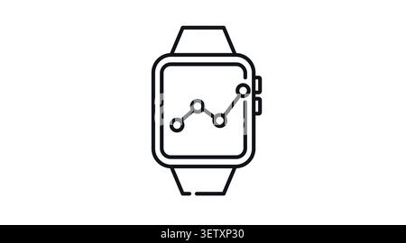 Smartwatch node chart analytics icon: wearable smart watch displaying network connections and data nodes on screen, minimalist black line art vector. Stock Vector